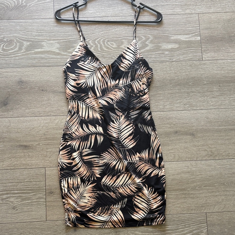 Fashion Nova Black and Cream Leaf Print Mini Dress